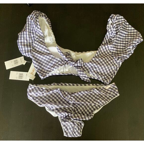 NWT Raisins White and Purple Gingham 2 piece Swimsuit SzL - Picture 2 of 8